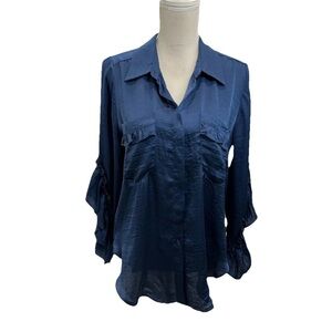 MISA Silky Romantic Button Blouse Womens Medium 3/4 Sleeves Ruffle Blue Satin